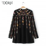 TXJRH Vintage ZA Colorful Floral Print Embroidery Back Button Chiffon T-Shirt Street Women Stand Collar Pullover Long Sleeve Top