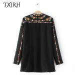TXJRH Vintage ZA Colorful Floral Print Embroidery Back Button Chiffon T-Shirt Street Women Stand Collar Pullover Long Sleeve Top