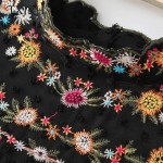 TXJRH Vintage ZA Colorful Floral Print Embroidery Back Button Chiffon T-Shirt Street Women Stand Collar Pullover Long Sleeve Top