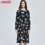 Tangada Fashion Black Dress Cats Printed 2017 Midi Dresses Women Clothes Elegant Vintage Long Sleeve Casual Brand Vestidos 