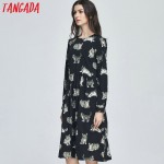 Tangada Fashion Black Dress Cats Printed 2017 Midi Dresses Women Clothes Elegant Vintage Long Sleeve Casual Brand Vestidos 