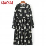 Tangada Fashion Black Dress Cats Printed 2017 Midi Dresses Women Clothes Elegant Vintage Long Sleeve Casual Brand Vestidos 