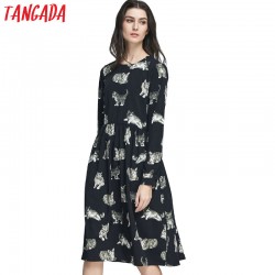 Tangada Fashion Black Dress Cats Printed 2017 Midi Dresses Women Clothes Elegant Vintage Long Sleeve Casual Brand Vestidos 
