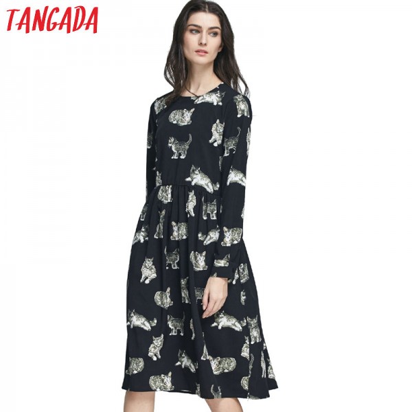 Tangada Fashion Black Dress Cats Printed 2017 Midi Dresses Women Clothes Elegant Vintage Long Sleeve Casual Brand Vestidos 
