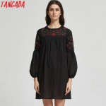 Tangada Fashion Korean 2017 Women Floral Embroidery Back Button Dresses O-Neck Long Sleeve Loose Cozy Casual Vintage Brand CC13