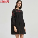 Tangada Fashion Korean 2017 Women Floral Embroidery Back Button Dresses O-Neck Long Sleeve Loose Cozy Casual Vintage Brand CC13