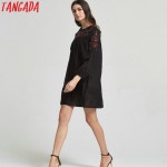 Tangada Fashion Korean 2017 Women Floral Embroidery Back Button Dresses O-Neck Long Sleeve Loose Cozy Casual Vintage Brand CC13