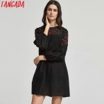 Tangada Fashion Korean 2017 Women Floral Embroidery Back Button Dresses O-Neck Long Sleeve Loose Cozy Casual Vintage Brand CC13