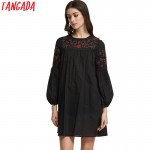 Tangada Fashion Korean 2017 Women Floral Embroidery Back Button Dresses O-Neck Long Sleeve Loose Cozy Casual Vintage Brand CC13