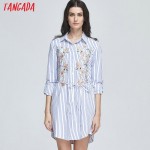 Tangada Fashion Women Blue Striped Shirt Dress Floral Embroidery Turn-down Collar Sashes Long Sleeve Vintage Casual Brand LE117
