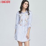 Tangada Fashion Women Blue Striped Shirt Dress Floral Embroidery Turn-down Collar Sashes Long Sleeve Vintage Casual Brand LE117