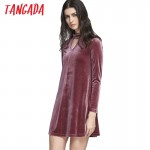 Tangada Fashion Women Elegant Pink Velvet Dress Sexy Front Hollow Out Zipper Stand Collar Female Casual Brand Party Dresses