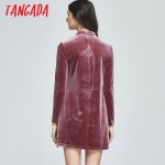 Tangada Fashion Women Elegant Pink Velvet Dress Sexy Front Hollow Out Zipper Stand Collar Female Casual Brand Party Dresses