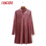 Tangada Fashion Women Elegant Pink Velvet Dress Sexy Front Hollow Out Zipper Stand Collar Female Casual Brand Party Dresses
