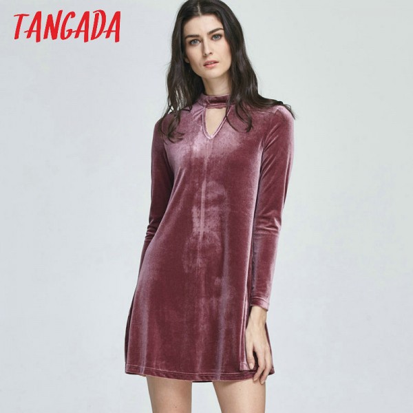 Tangada Fashion Women Elegant Pink Velvet Dress Sexy Front Hollow Out Zipper Stand Collar Female Casual Brand Party Dresses