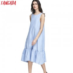 Tangada Fashion Women Long Tank Dress Cotton Blue Ruffles Beach Summer Sleeveless Loose Casual Brand Vestidos Mujer Sundress