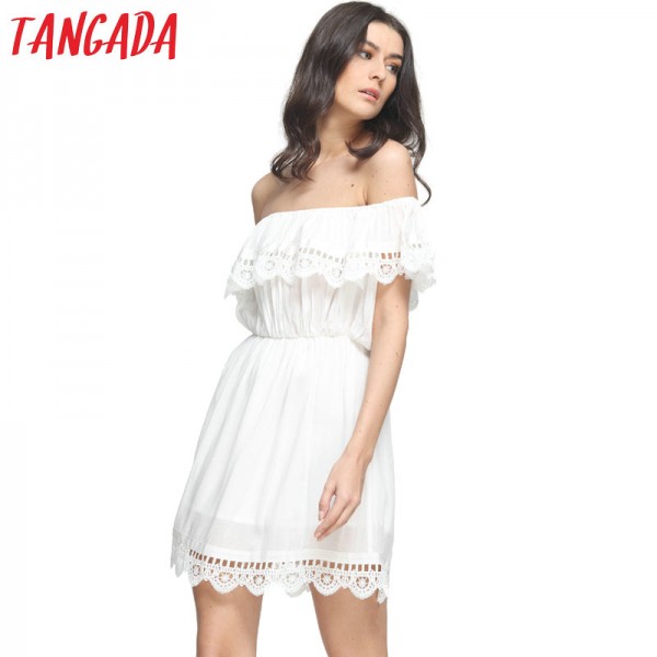 Tangada Fashion women Elegant Vintage sweet lace white Dress stylish sexy slash neck casual slim beach Summer Sundress vestidos