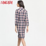 Tangada Women Dress Fashion Autumn Cotton Plaid Print Front Back Buttons Pocket Long Sleeve Turn-down Collar Casual Brand QB37