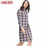 Tangada Women Dress Fashion Autumn Cotton Plaid Print Front Back Buttons Pocket Long Sleeve Turn-down Collar Casual Brand QB37