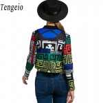 Tengeio Autumn Cropped Ethnic Jackets Women basic Coat Multicolor Geometric Print Slim Zip-Up Long Sleeve Jacket chaquetas mujer