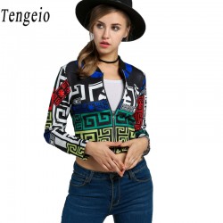 Tengeio Autumn Cropped Ethnic Jackets Women basic Coat Multicolor Geometric Print Slim Zip-Up Long Sleeve Jacket chaquetas mujer