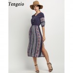 Tengeio New Women Bohemian beach dress Casual Half Sleeve Floral Print V-Neck Button Maxi Long Dress Vestido boho clothing 110