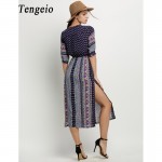 Tengeio New Women Bohemian beach dress Casual Half Sleeve Floral Print V-Neck Button Maxi Long Dress Vestido boho clothing 110