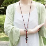 Tibetan Whitebait Ethnic Ancient Jewelry Original Ceramic Necklaces Vintage Natural Stone Pendant Cotton Long Tassel Necklace
