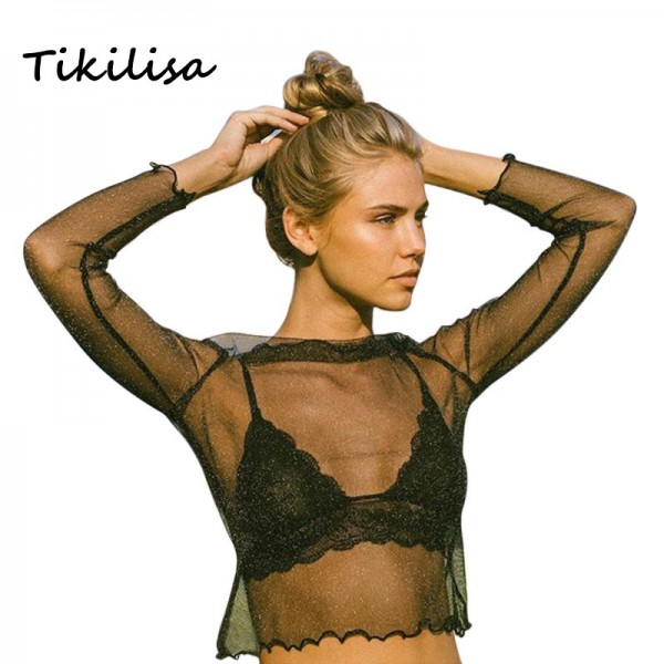Tikilisa 2017 Spring Summer New Ruffles T-shirts Hollow Out Sexy Crop Top Lace Long Sleeve Elastic High waist T shirt Female