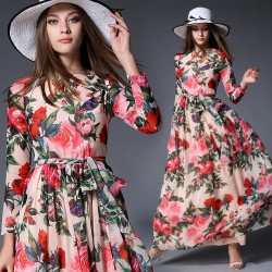 TingYiLi Floral Maxi Dress Long Sleeve Printed Chiffon Dress Bohemian Beach Long Dress Women Summer Dress 2016