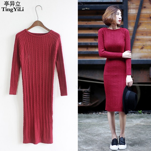 TingYiLi Winter Sweater Dress Wine Red Grey Lemon Green Black Long Sleeve Midi Dress Elegant Sexy Split Knitted Bodycon Dress