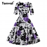 Tonval 4XL 5XL Plus Size Women Flower Floral Tunic Dress Half Sleeve Autumn Vintage Tunic Elegant Winter Black Dresses