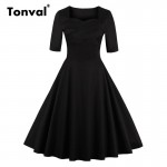 Tonval 4XL 5XL Plus Size Women Flower Floral Tunic Dress Half Sleeve Autumn Vintage Tunic Elegant Winter Black Dresses