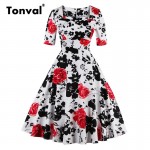 Tonval 4XL 5XL Plus Size Women Flower Floral Tunic Dress Half Sleeve Autumn Vintage Tunic Elegant Winter Black Dresses