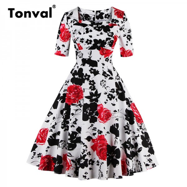 Tonval 4XL 5XL Plus Size Women Flower Floral Tunic Dress Half Sleeve Autumn Vintage Tunic Elegant Winter Black Dresses