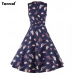 Tonval Birds Pattern Summer Vintage Dresses Women Retro 1950s 60s Rockabilly Swing Audrey Hepburn Pin Up Elegant Dress