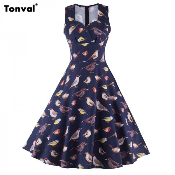 Tonval Birds Pattern Summer Vintage Dresses Women Retro 1950s 60s Rockabilly Swing Audrey Hepburn Pin Up Elegant Dress
