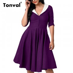 Tonval Bottons Elegant Rockabilly Dress Women Vintage Audrey Hepburn 50s Dress Half Sleeve Tunic Sexy V Neck Pleated Dress