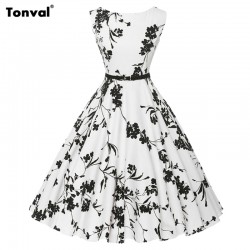 Tonval Flowers Print 1950s White Vintage Dress Women 4XL Plus Size Belted Floral Dress Summer Tunic Rockabilly Dresses