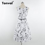 Tonval Flowers Print 1950s White Vintage Dress Women 4XL Plus Size Belted Floral Dress Summer Tunic Rockabilly Dresses