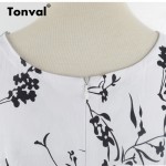 Tonval Flowers Print 1950s White Vintage Dress Women 4XL Plus Size Belted Floral Dress Summer Tunic Rockabilly Dresses