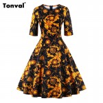 Tonval Half Sleeve Vintage Tunic Dress Women Gorgeous Floral Retro Audrey Hepburn Style Plus Size Summer Swing Dresses