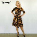 Tonval Half Sleeve Vintage Tunic Dress Women Gorgeous Floral Retro Audrey Hepburn Style Plus Size Summer Swing Dresses