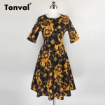 Tonval Half Sleeve Vintage Tunic Dress Women Gorgeous Floral Retro Audrey Hepburn Style Plus Size Summer Swing Dresses