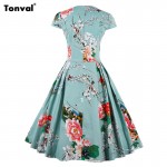 Tonval Summer Floral Vintage Women Plus Size S - 4XL Retro Stunning Dress Cap Sleeve Rockabilly Casual Pleated Dresses