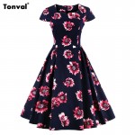 Tonval Summer Floral Vintage Women Plus Size S - 4XL Retro Stunning Dress Cap Sleeve Rockabilly Casual Pleated Dresses
