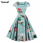 Tonval Summer Floral Vintage Women Plus Size S - 4XL Retro Stunning Dress Cap Sleeve Rockabilly Casual Pleated Dresses