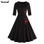 Tonval Summer Women Half Sleeve Embroidery Dress 2017 Retro Vintage Rockabilly Black and White Plus Size Casual Dress
