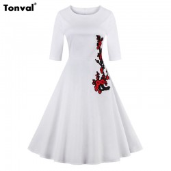 Tonval Summer Women Half Sleeve Embroidery Dress 2017 Retro Vintage Rockabilly Black and White Plus Size Casual Dress