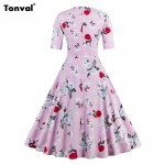 Tonval Women Floral 1950s 60s Pleated Dress Half Sleeve 2017 Summer Vintage Dresses Plus Size 4XL Hepburn Pink Dress